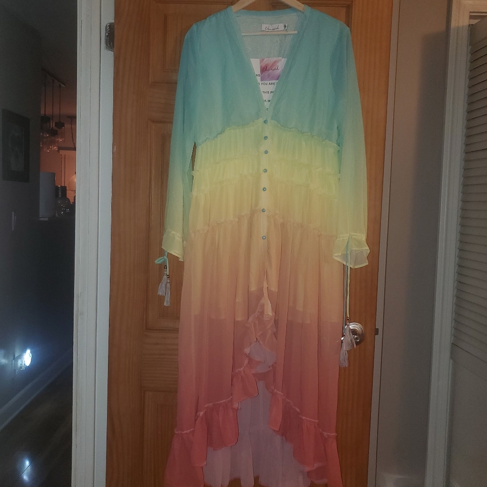 NWT Chicwish ombre blue to orange swing dress, high low hem, size medium